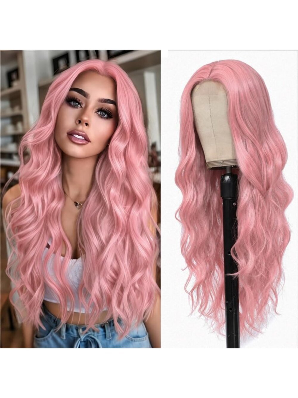 26" Wavy Curly Pink Wig for Women | Long Middle Part Hair Extension